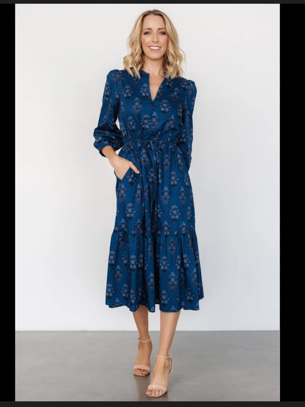 Sugarlips Navy Floral Split-Neck Midi Dress